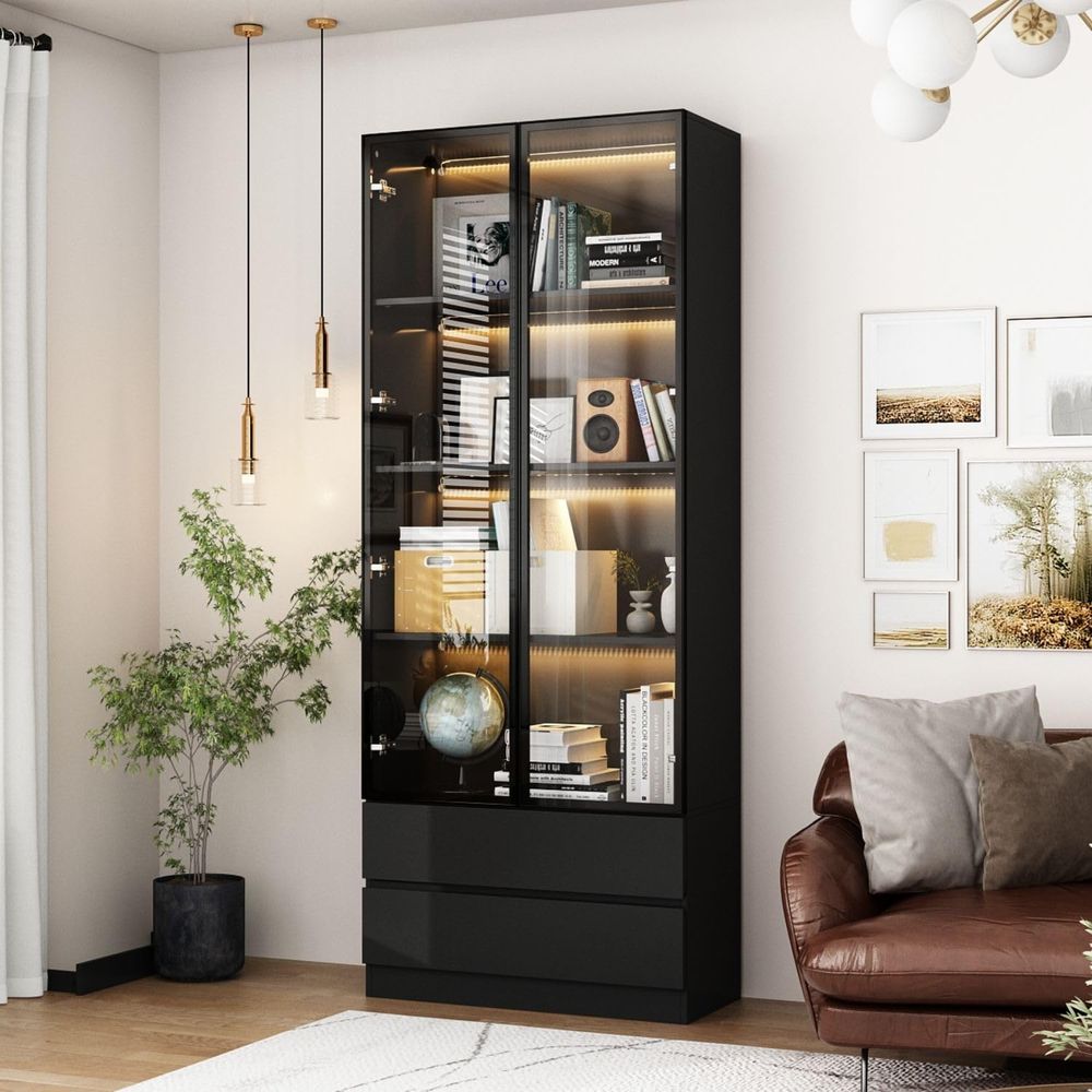 Glass Cabinet Display - Black 4-Tier Display Cabinet with Glass